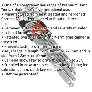 9 Piece Lock-On Ball-End Hex Key Set - 1.5mm to 10mm Size - 88mm to 225mm Length