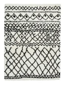 White Black Modern Geometric Shaggy Moroccan Easy To Clean Dining Room Rug-160cm X 220cm