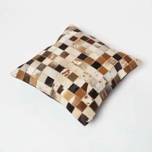 Homescapes Small Block Check Brown & Cream Leather Cushion 45 x 45 cm