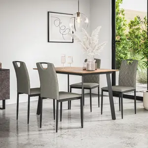 Haydon Extending Dining Table And Chairs -  Oak Effect Table Top w Black Legs + Monza Linen Dining Chair Set Of 6 (Grey)