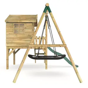 Rebo Orchard 4ft x 4ft Wooden Playhouse with Boat Swing, 900mm Deck and 6ft Slide - Boat Green