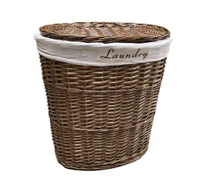 Oval Wicker Laundry Basket With Lid & Removable Cotton Lining Brown Medium 32x42x49 cm