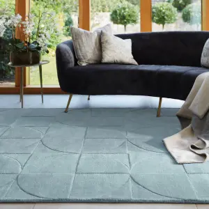 Blue Geometric Wool Handmade , Luxurious , Modern , Optical/ (3D) Easy to clean Living Room and Bedroom Rug-160cm X 230cm