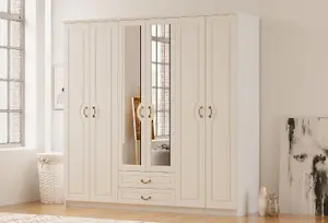 ANNE 6 Door 2 Drawer Mirrored White Wardrobe