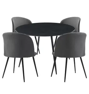 Hallowood Furniture Cullompton Large Round Black Dining Table 120cm with 4 Curved-back Dark Grey Fabric Chairs