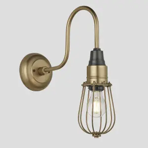 Industville Swan Neck Wire Cage Wall Light, 4 Inch, Brass