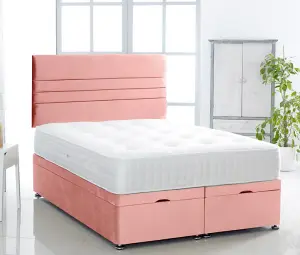 Pink Plush Foot Lift Ottoman Bed With Memory Spring Mattress And Horizontal Headboard 2FT6 Small Single