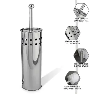 STAINLESS STEEL BATHROOM TOILET CLEANING BRUSH & HOLDER FREE STANDING SET SILVER