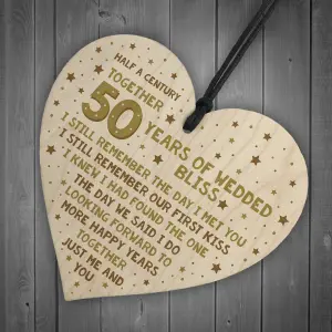 50th Wedding Anniversary Card Wood Heart Gift For Husband or Wife Thank You Keepsake Plaque