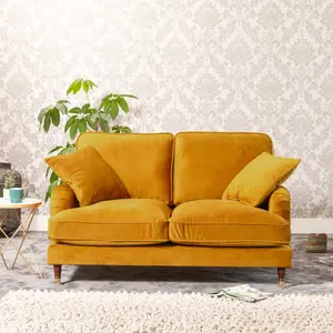 Mackenzie 150cm Wide Mustard Yellow 2 Seat Velvet Fabric Sofa with Brass Coloured Wheel Tipped Walnut Coloured Wooden Legs