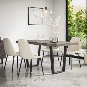 Aria Dining Table And Chairs -  Concrete Effect Table Top w Black Legs + Maya Boucle Dining Chair Set Of 6 (Ivory White)