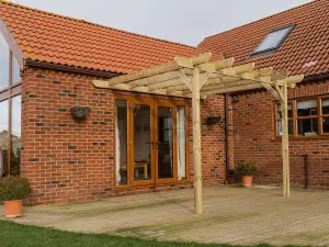 Lean to wooden garden pergola kit - Chamfered design wall mounted gazebo, 3m x 4.8m (Natural finish)