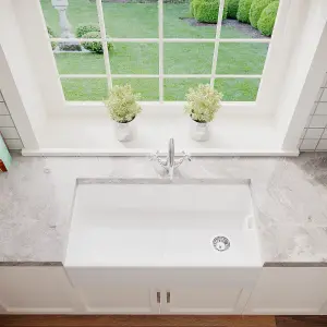 Fireclay Belfast Kitchen Sink with Overflow, Mono Sink Mixer Tap & Waste, 895mm