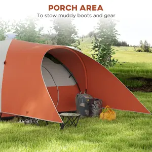 Outsunny 3000mm Waterproof Camping Tent w/ Porch & Sewn in Groundsheet, Orange