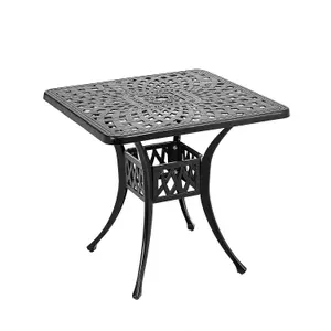 Black Square Vintage Hollow Design Cast Aluminum Outdoor Patio Dining Table with Parasol Hole All Weather