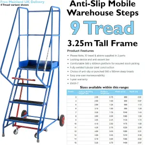 9 Tread Mobile Warehouse Stairs Anti Slip Steps 3.25m Portable Safety Ladder