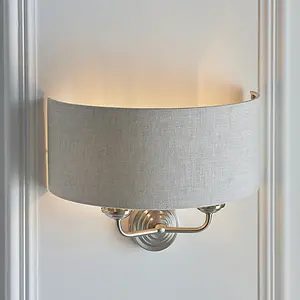 Luminosa Highclere Shade Wall Lamp Brushed Chrome Plate, Natural Linen