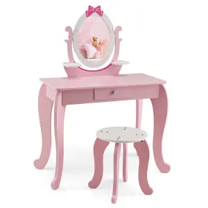 Costway 2-in-1 Kids Vanity Set Wooden Vanity Table w/ Stool Oval Rotatable Mirror