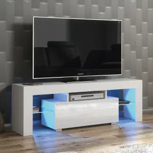 Floe TV Unit 130cm White with High Gloss Doors and LED Lighting - Creative Furniture