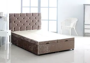 4FT6 Double Gold Crush Velvet Foot Lift Ottoman Bed With Headboard & Mattress