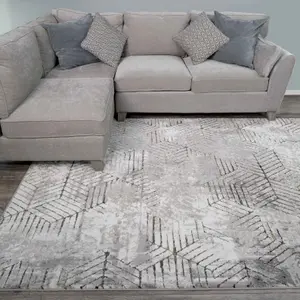 Grey Gold Distressed Abstract Metallic Geometric Living Area Rug 60x110cm