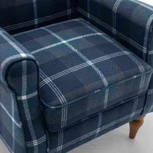 Wingback Tartan Armchair Soft Padded Retro Check Leisure Chair Fabric Lounge for Living Room Bedroom - Blue