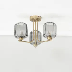 ValueLights Amelie Gold 3 Way Ceiling Light with Smoked Ribbed Glass Shades - LED Bulbs Included