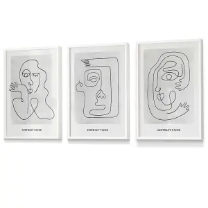 Set of 3 Grey Abstract Line Art Faces Wall Art Prints / 30x42cm (A3) / White Frame