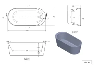 GoodHome Huron Matt Grey Acrylic Freestanding Oval Single ended Bath (L)1700mm (W)800mm