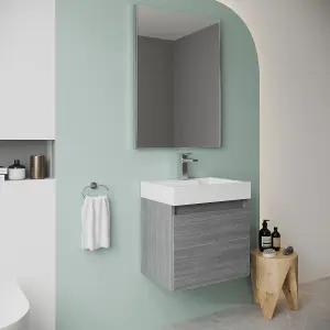 Wall Hung Vanity Basin Unit & Polymarble Basin - 500mm - Woodgrain Anthracite