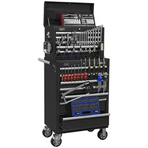 Premium Heavy Duty 15 Drawer Tool Chest and Rollcab Bundle with 147 Piece Tool Kit in Black