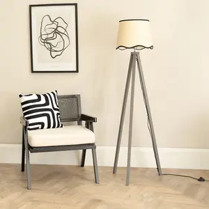 ValueLights Barbro Grey Wood Tripod Floor Lamp with Natural Linen Scallop Black Edge Shade