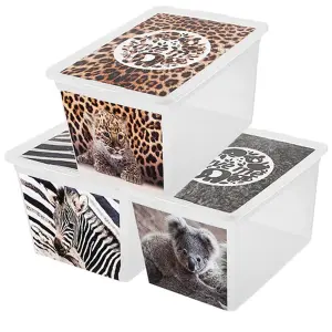 Set of 3 30 Litre Printed Animal Save Me Boxes Strong Stackable Storage Containers With Lids