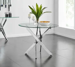 Furniturebox UK Novara Chrome Metal Round Glass Dining Table And 4 Grey Pesaro Silver Leg Chairs