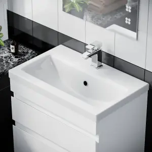 Nes Home Hardie 600mm 2 Drawer White Flat Pack Wall Hung Vanity Cabinet and Basin Sink