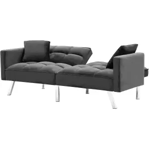 Sofa Bed 2 Seater Grey Velvet Click Clack Sofa Settee Recliner Couch with Metal Legs with 2 Pillows