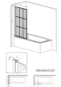 Rinse 800x1400 Square Pivot Bath Shower Screen 6mm Easy Clean Glass Screen Reversible Door Panel Black Grid