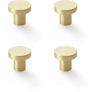 4 PACK - Slim Round Door Knob - Satin Brass 30mm Modern Cupboard Cabinet Pull Handle