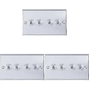 3 PACK 4 Gang Quad Retro Toggle Light Switch POLISHED CHROME 10A 2 Way Plate