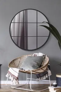 MirrorOutlet Circulus - Black Metal Framed Round Window Wall Mirror 39" X 39" (100x100CM)