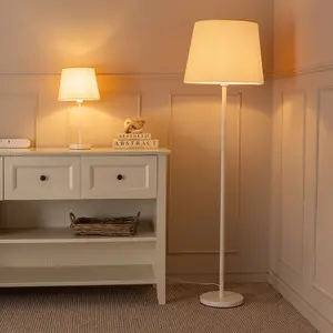 ValueLights Charles White Single Stem Table Lamp with Beige Tapered Lamp Shade and LED Bulb