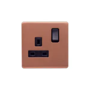 Lieber Brushed Copper 13A 1 Gang Switched Socket, Double Pole - Black Insert Screwless