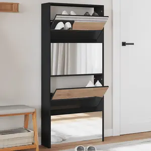 Berkfield Shoe Cabinet with Mirror 4-Layer Black 63x17x134 cm