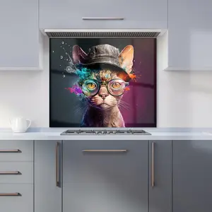 Devon Rex Cat With Hat Splashart Premium Glass Kitchen Splashback W600mm x H600mm