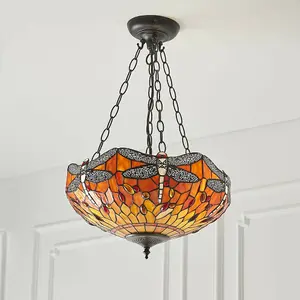 Tiffany Glass Hanging Ceiling Pendant Light Orange Dragonfly 3 Lamp Shade i00111