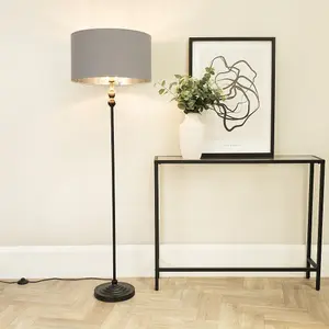 ValueLights Maggie Black Metal Candlestick Floor Lamp with Grey and Metallic Chrome Shade and LED Bulb