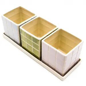 Set of 3 Cool Pastel Tile Design Ceramic Planters with Tray