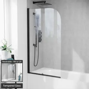 Nes Home 800mm Curved Bath Screen Matt Black Profile Clear Glass Reversible Denver