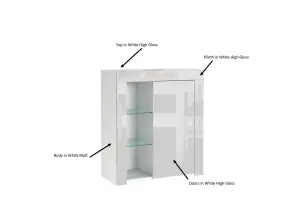 Compact Display Bookcase Glass Shelving 1 Door Blue LEDs White High Gloss - Lily