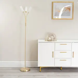 ValueLights Maya 3 Way Curved Arm Brushed Gold Floor Lamp for Living Room Lounge Hallway Light - LED Bulbs Included